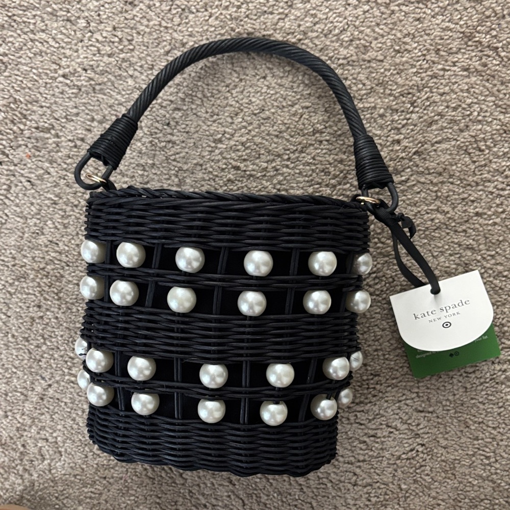 Kate Spade Black Wicker Mini Bag with Pearl Details